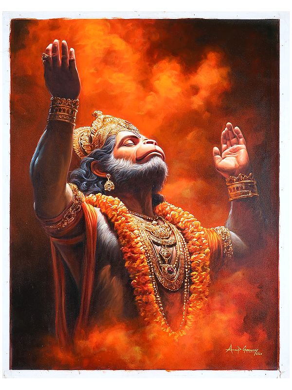 Veer Hanuman Absorbed in Devotion of Shri Rama | Oil on Canvas | Handmade Painting