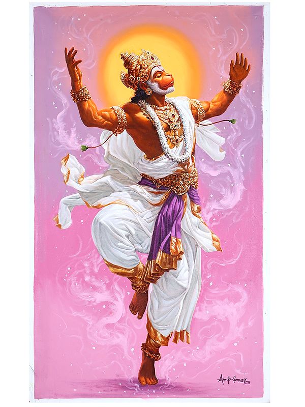 Dancing Hanuman in Devotion of Shri Rama | Oil on Canvas | Handmade Painting