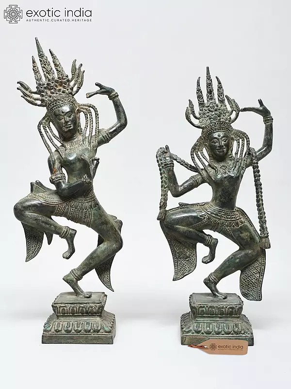 15" Cambodian-Khmer Apsara Duo - Traditional Temple Dance Figures