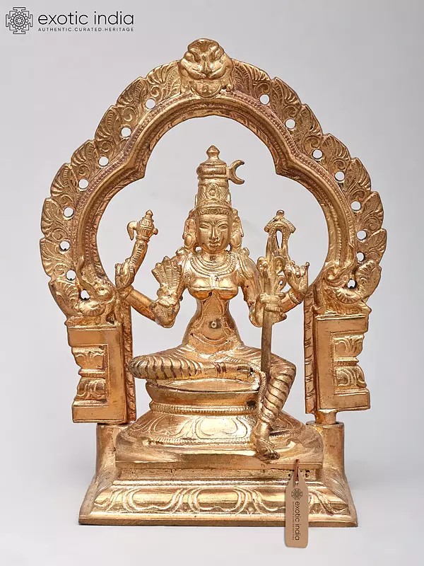 5" Small Goddess Rajarajeshvari (Tripura Sundari) Seated on Kirtimukha Throne | Bronze Statue