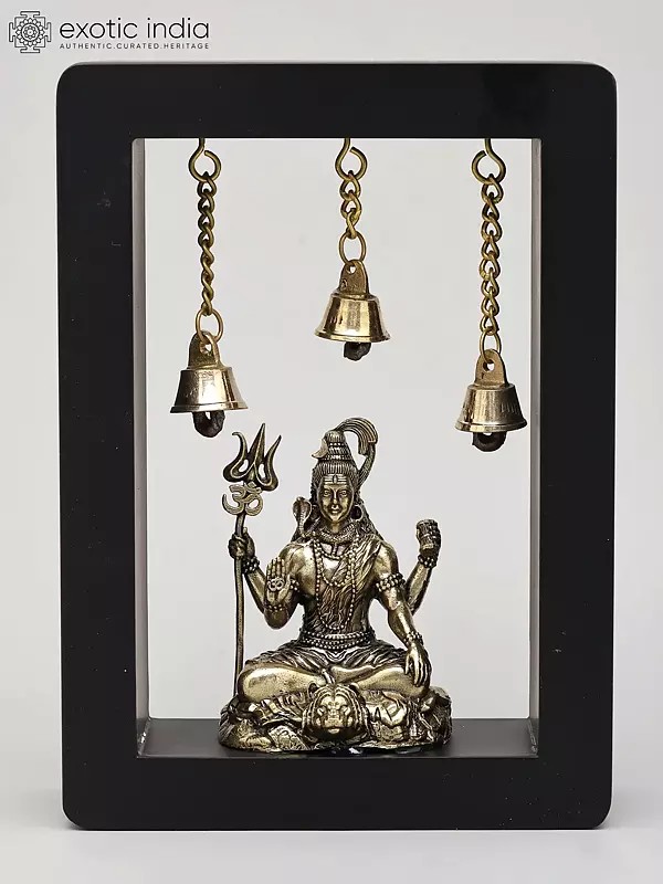 7" Lord Shiva Seated with Trident in Wood Frame | Brass Sculpture | Wall Hanging