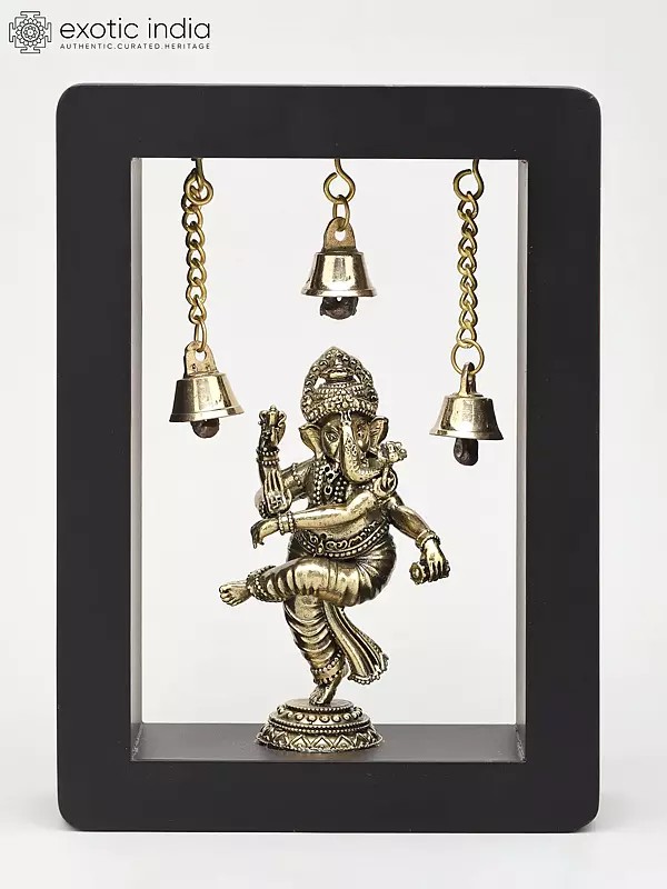 7" Dancing Ganesha in Wood Frame | Brass Idol | Wall Hanging