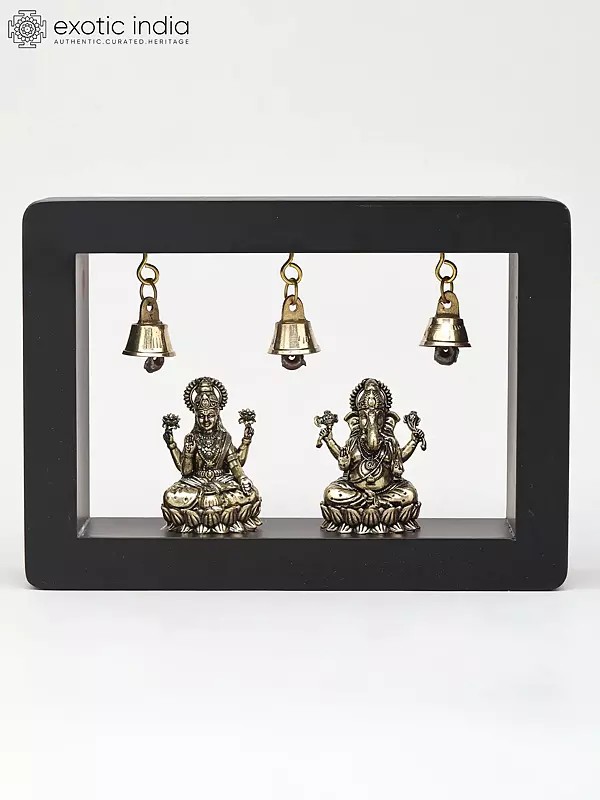 7" Goddess Lakshmi and Lord Ganesha in Wood Frame | Brass Sculpture | Wall Hanging