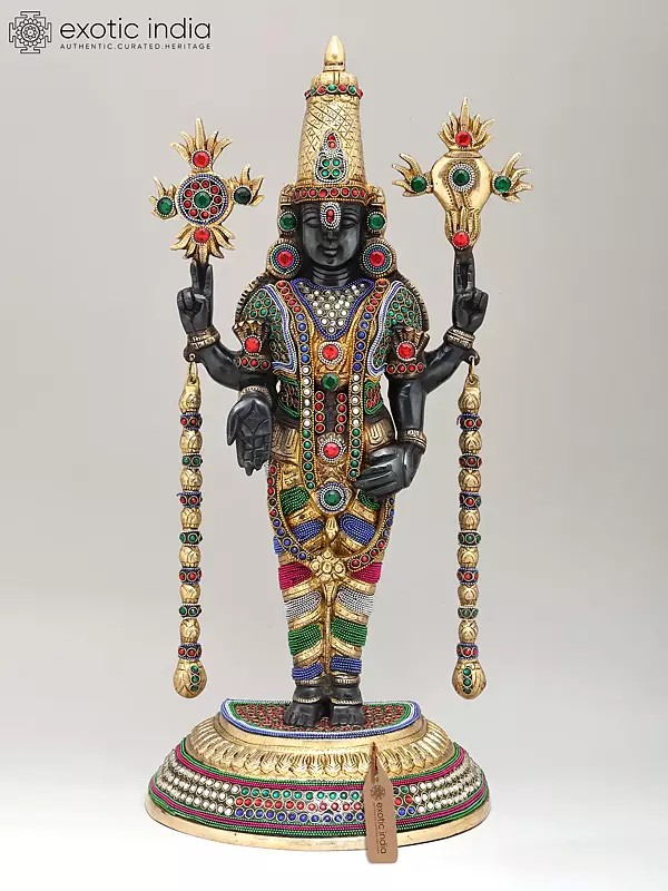 22" Standing Tirupati Balaji (Venkateshvara) | Brass Statue with Stone Work