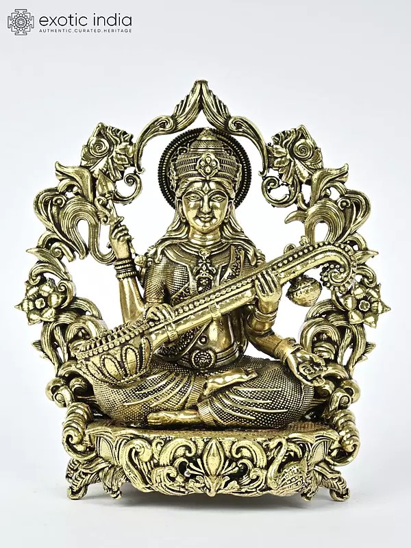 4" Small Four Armed Goddess Saraswati | Brass Statue