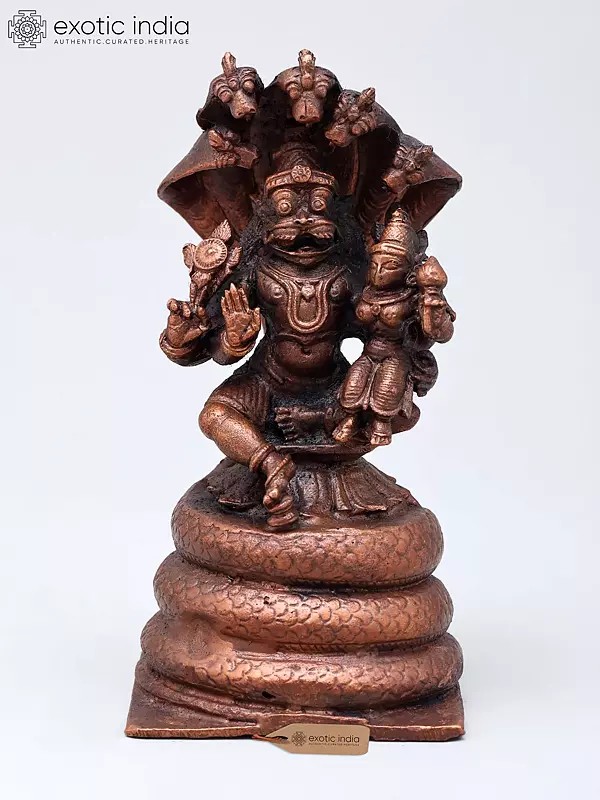 4" Small Lord Narasimha Seated on Sheshnag with Devi Lakshmi | Copper Statue