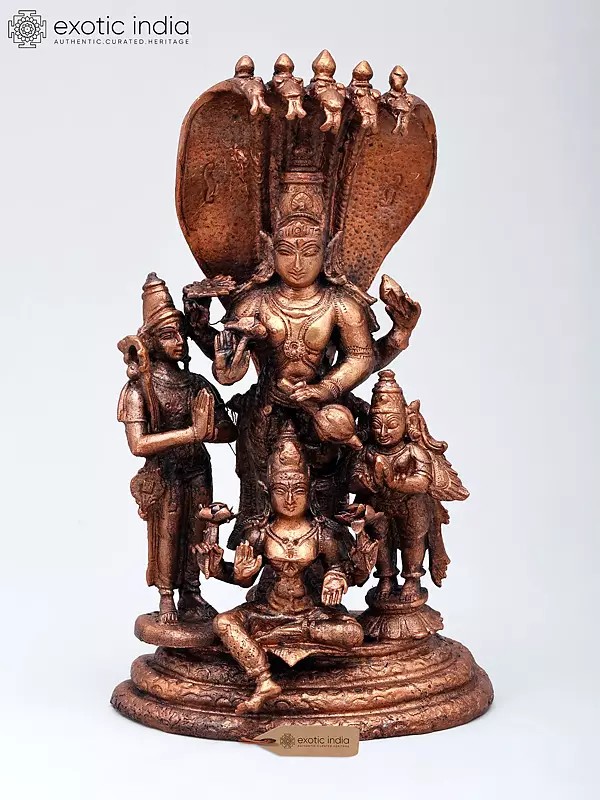 8" Standing Lord Vishnu with Devi Lakshmi, Garuda and Narada Muni | Copper Statue