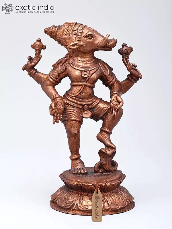 7" Lord Varaha - The Divine Boar Avatara of Lord Vishnu | Copper Statue