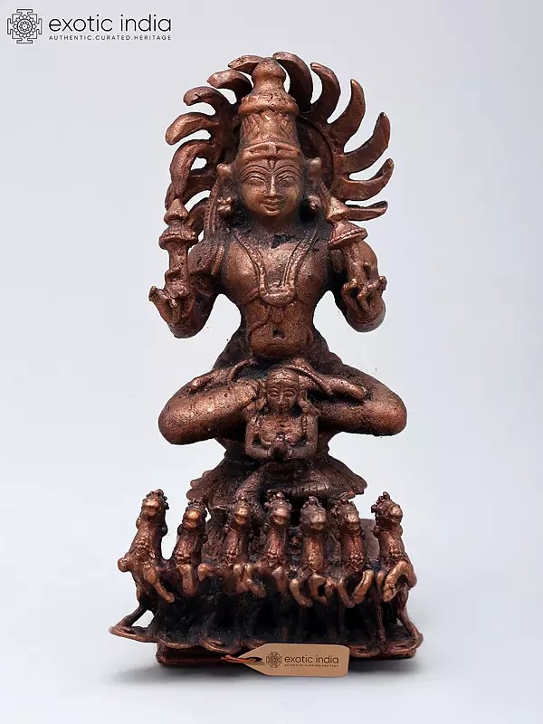 4" Small Lord Surya Dev Rath Idol with Seven Horses | Copper Statue