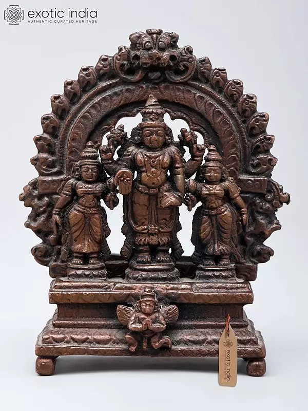 3" Small Standing Lord Vishnu with Sridevi and Bhudevi with Kirtimukha Arch | Copper Idol