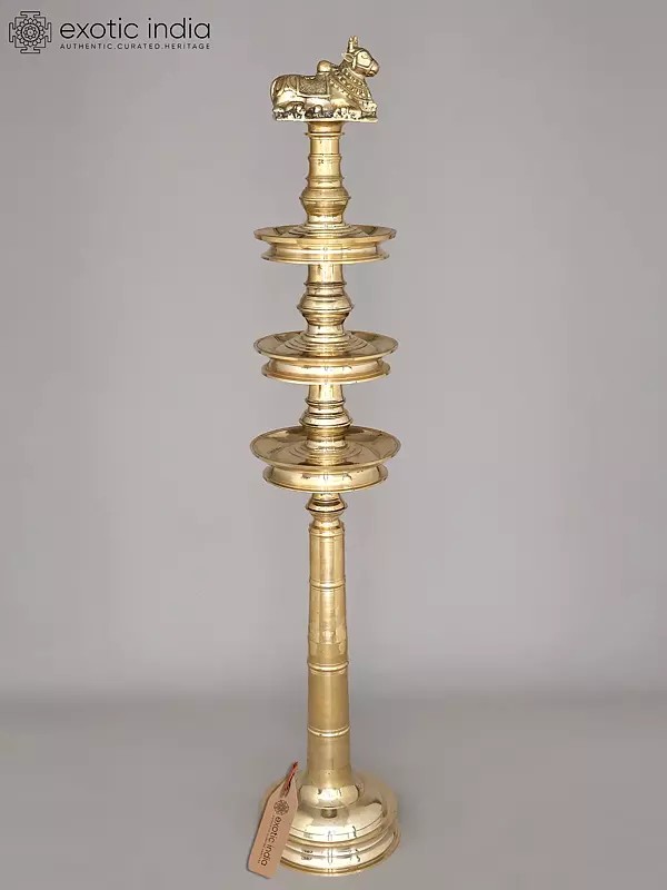 58" Large Three Layered Brass Deepasthambham with Seated Nandi on The Top | Ritual Item | Made in India
