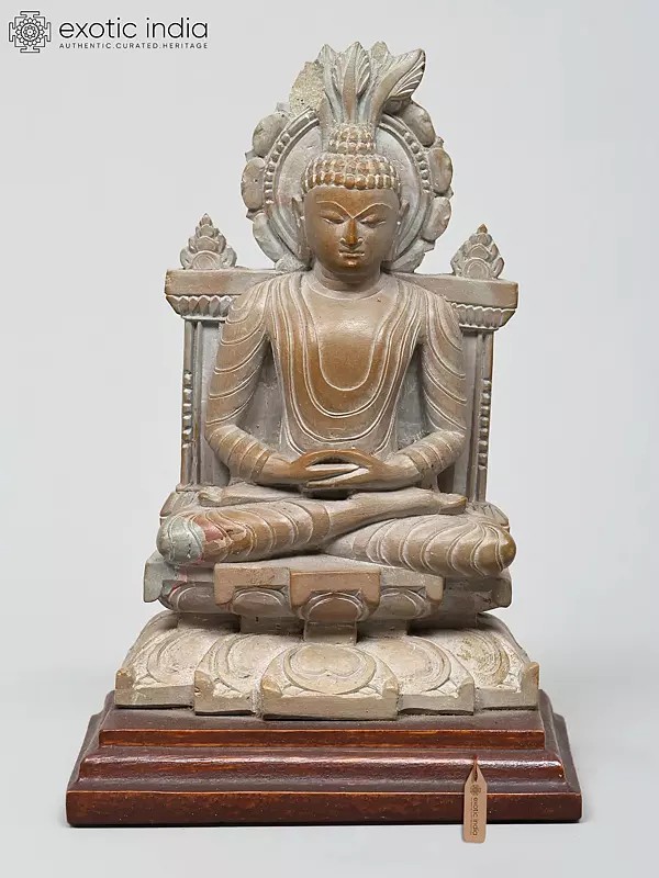 7" Lord Buddha Seated in Dhyana Mudra | Sandstone and Wood Sculputre | Made in India