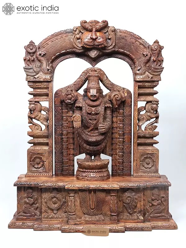 44" Tirupati Balaji (Venkateshvara) with Garuda and Hanuman | Wooden Statue
