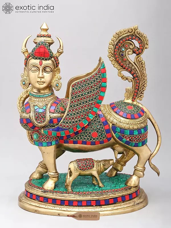 17" Brass Kamdhenu Cow and Calf  With Inlay Work | Handmade