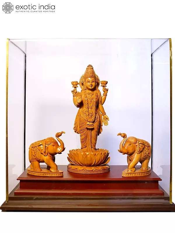 14" Standing Goddess Gajalakshmi | Sandalwood Carved Statue