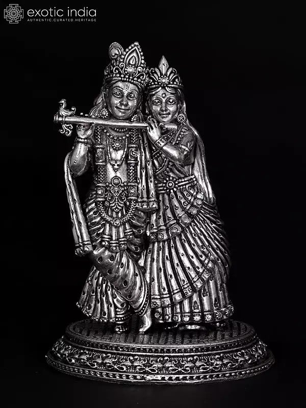 5" Small Superfine Standing Radha Krishna Playing Flute Together | Silver Plated Brass Statue