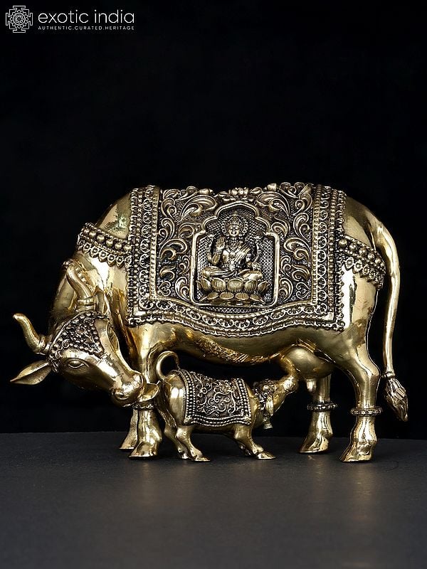 7" Superfine Divine Cow and Calf with Lakshmi Ganesha Engraving | Brass Statue