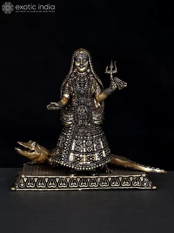 5" Small Superfine Goddess Ganga with Her Vahana Makar | Brass Statue