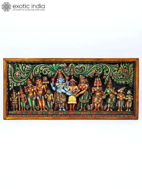 50" Large Srinivasa Kalyanam | Wood Carved Colorful Panel | Wall Hanging