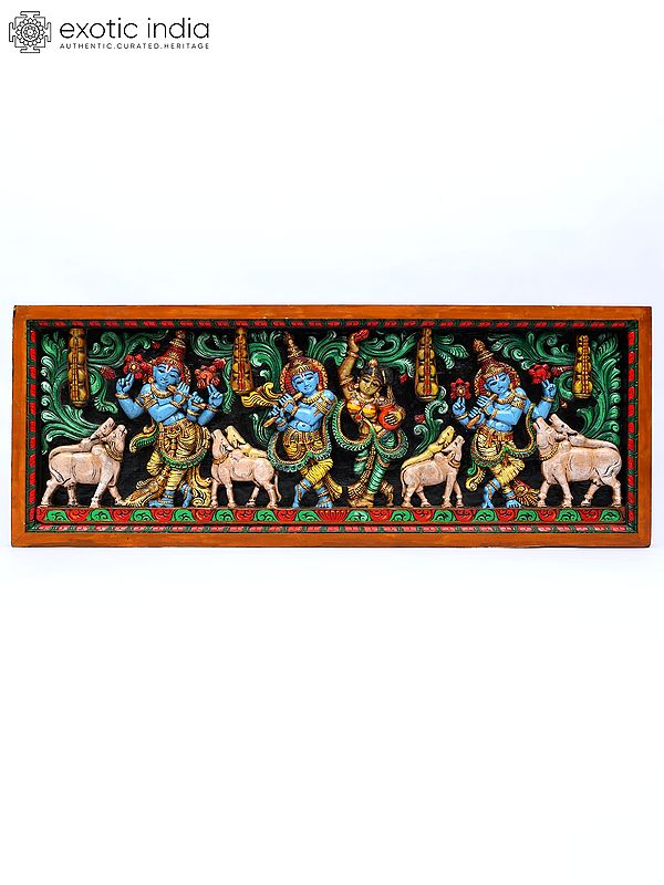 58" Large Venugopal Krishna | Wood Carved Colorful Wall Hanging Panel