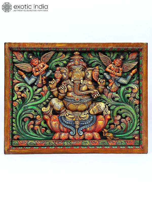 33" Chaturbhuja Ganesha | Wood Carved Wall Hanging Panel