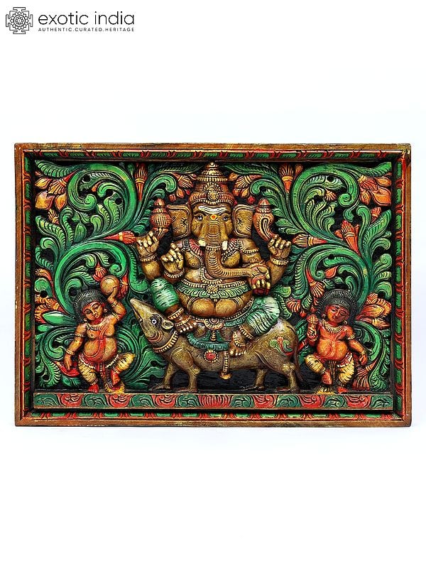 33" Lord Ganesha Seated on Mushak | Wood Carved Colorful Panel | Wall Hanging