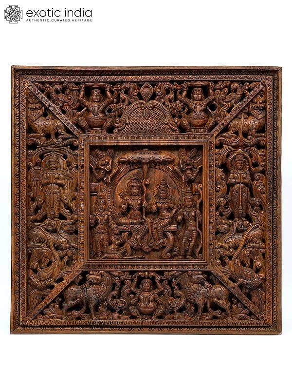 48" Large Shri Ram Darbar | Wood Carved Panel | Wall Hanging