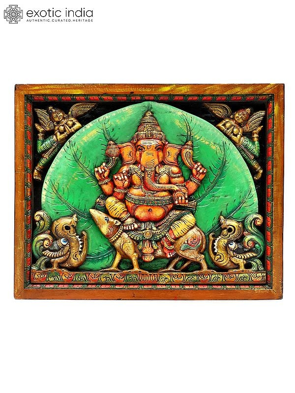 33" Large Lord Ganesha Seated on Mushak | Wood Carved Colorful Panel | Wall Hanging