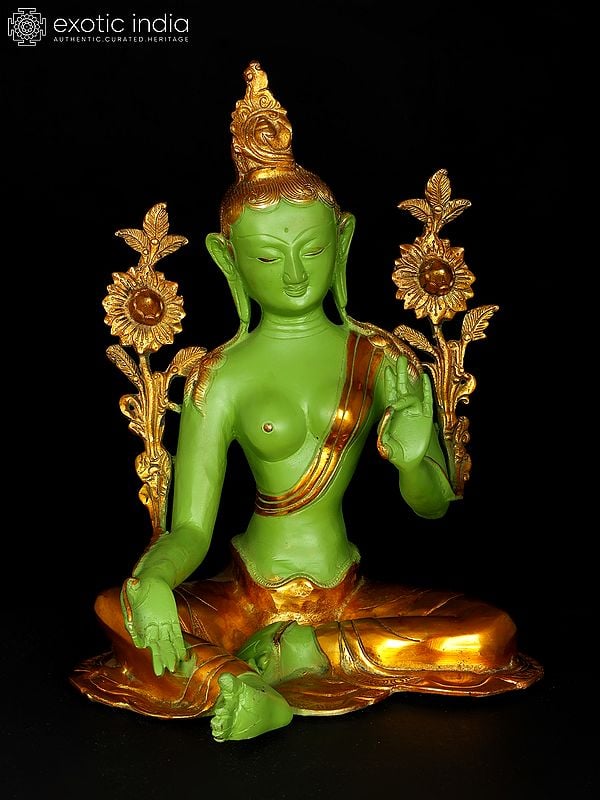 13" Tibetan Buddhist Goddess Green Tara | Brass Statue