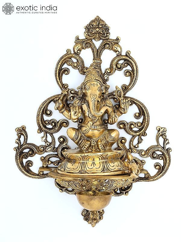 14" Blessing Lord Ganesha with Diya | Wall Hanging Brass Statue