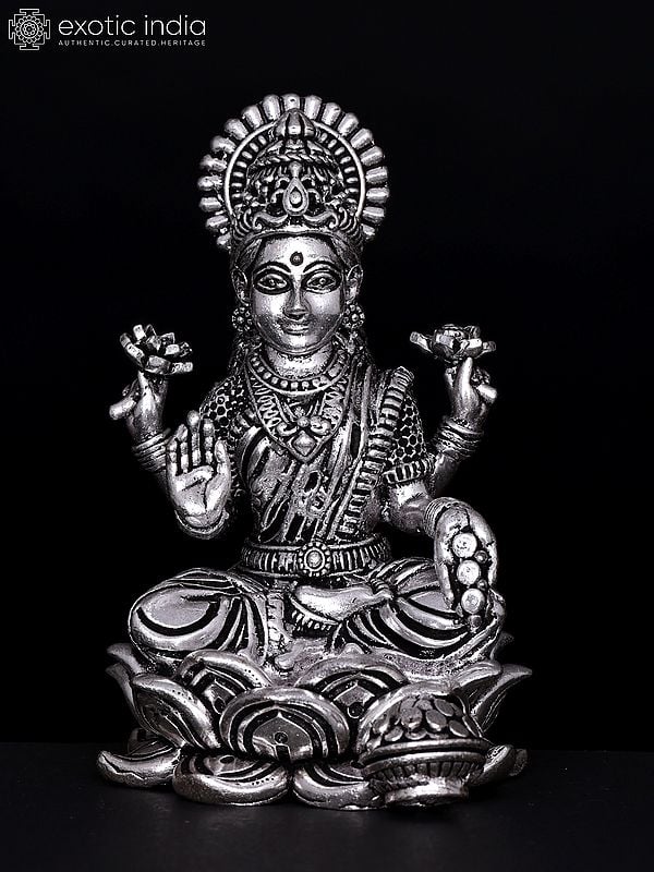 4" Small Superfine Kamalasini Blessing Goddess Lakshmi | Silver Plated Brass Statue