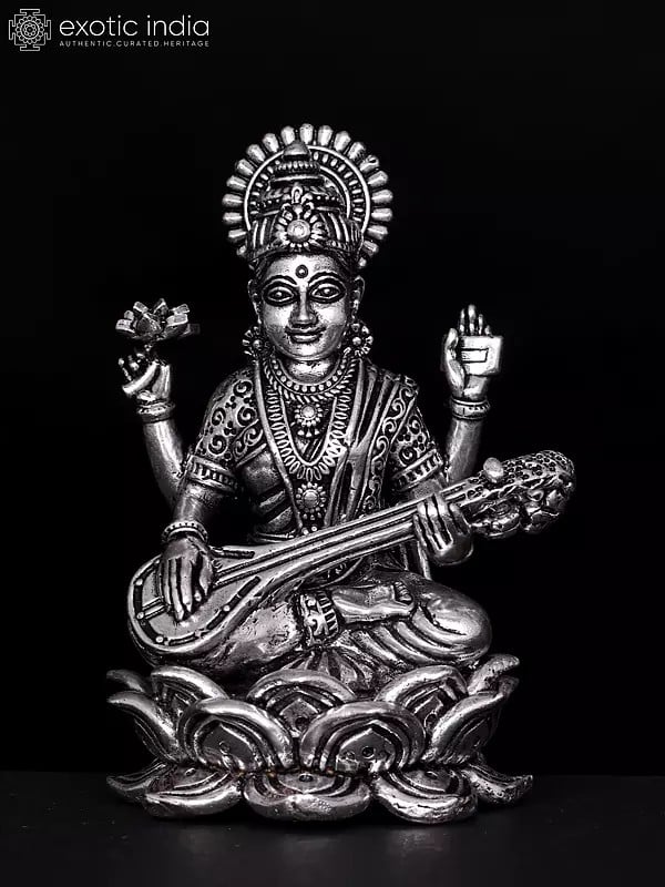 4" Small Superfine Goddess Saraswati Seated on Lotus | Silver Plated Brass Statue