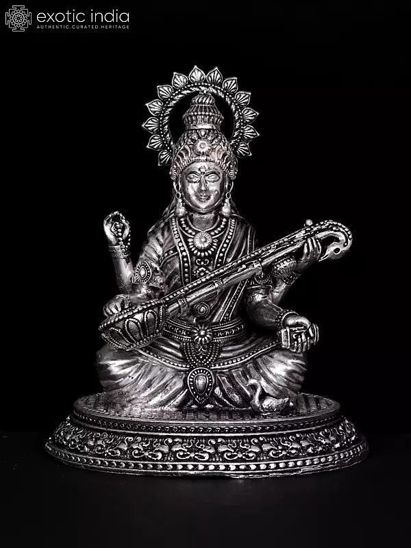 4" Small Superfine Devi Saraswati | Silver Plated Brass Statue