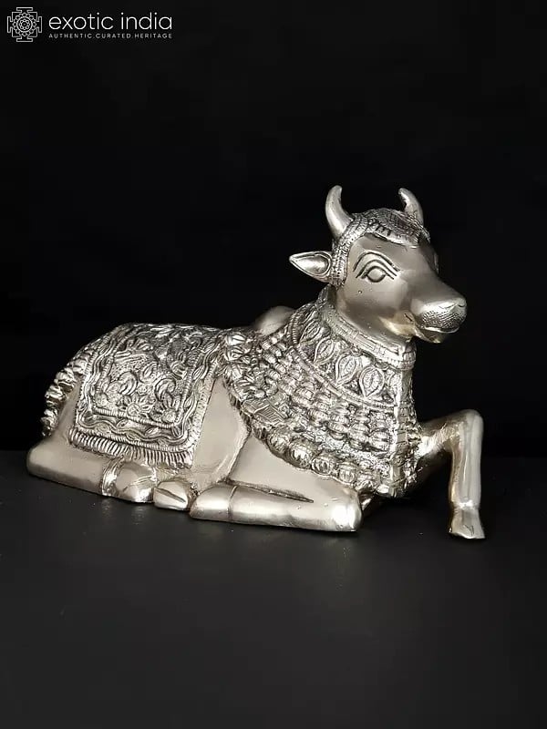 10" Nandi - Vahana of Lord Shiva | Silver Plated Brass Statue