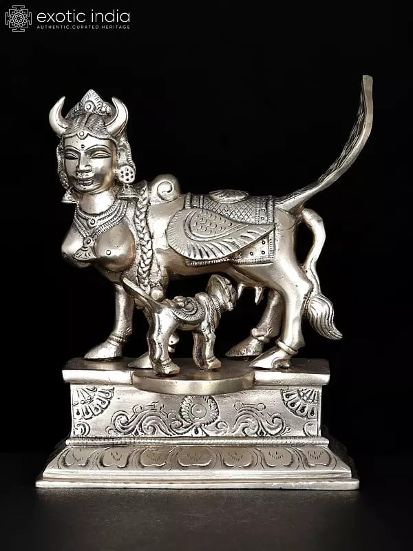 7" Goddess Kamadhenu, The Wish-Fulfilling Divine Cow | Silver Plated Brass Statue