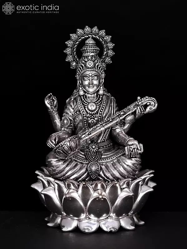 6" Small Superfine Devi Saraswati Seated on Lotus | Silver Plated Brass Statue