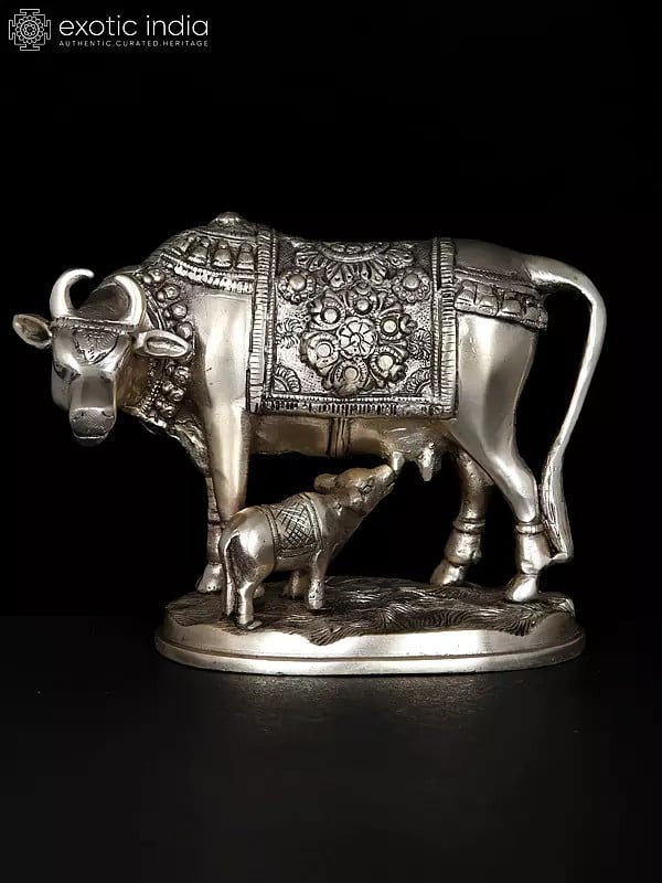 7" Cow and Calf | Silver Plated Brass Statue