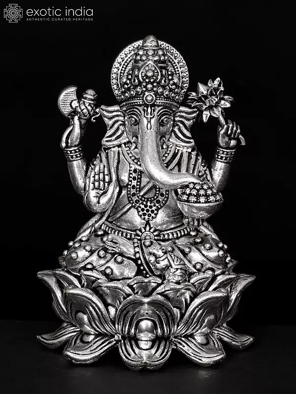 4" Small Superfine Blessing Lord Ganesha Seated on Lotus | Silver Plated Brass Statue