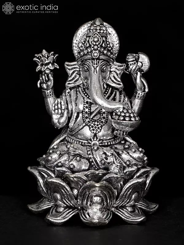 4" Small Superfine Chaturbhuja Lord Ganesha Seated on Lotus | Silver Plated Brass Statue