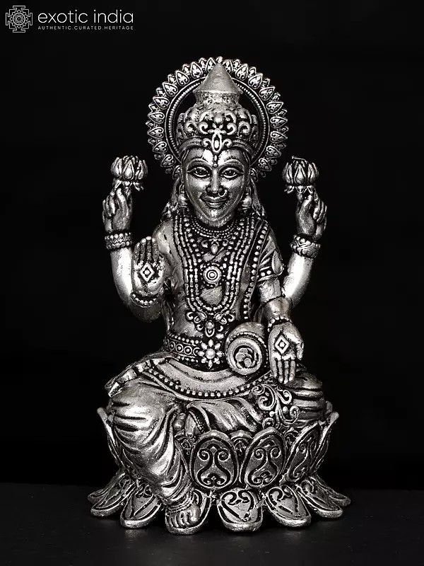 4" Small Superfine Blessing Goddess Lakshmi | Silver Plated Brass Statue