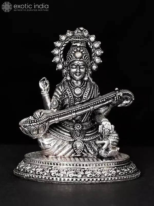 2" Small Superfine Devi Saraswati Playing Veena | Silver Plated Brass Statue