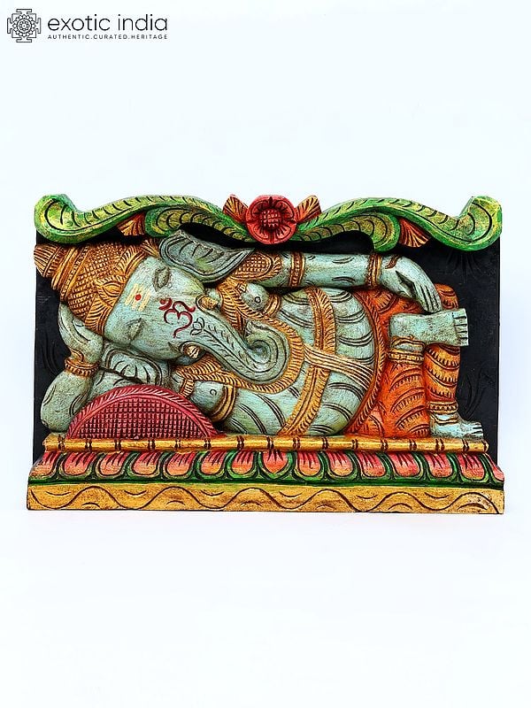 18" Relaxing Lord Ganesha Wall Panel | Wood Carving