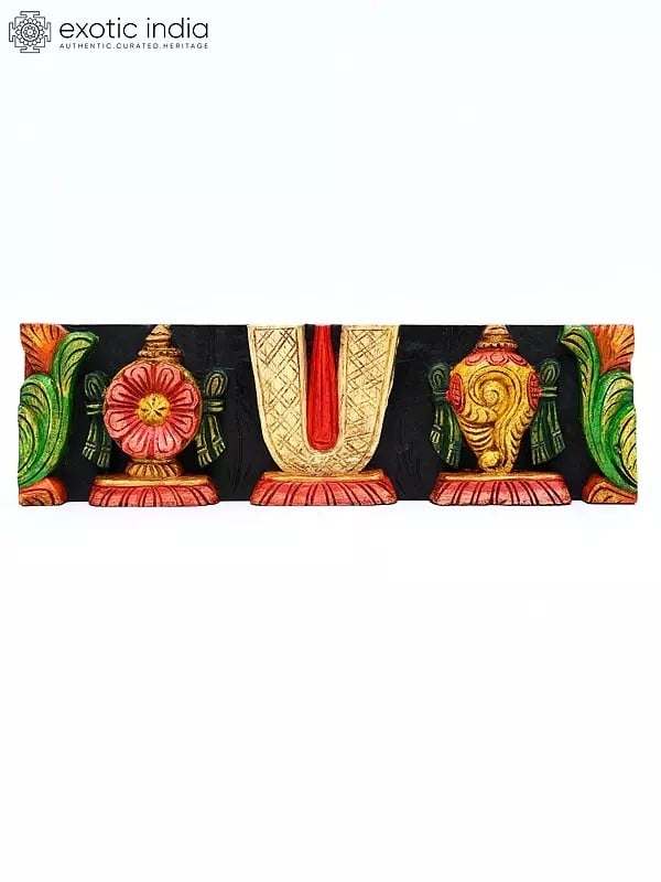 19" Vaishnava Symbols - Chakra, Tilak and Conch | Wood Carving | Wall Hanging