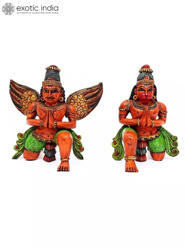 14" Pair of Garuda and Hanuman in Namaskar Gesture | Wood Carved Statues