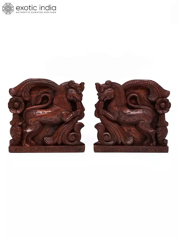 12" Pair of Yali | Wood Carving | Wall Hanging