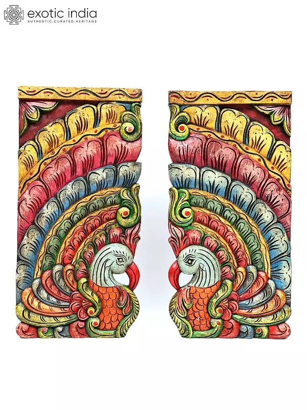 24" Pair of Colorful Peacock Wall Hanging Panels | Wood Carving