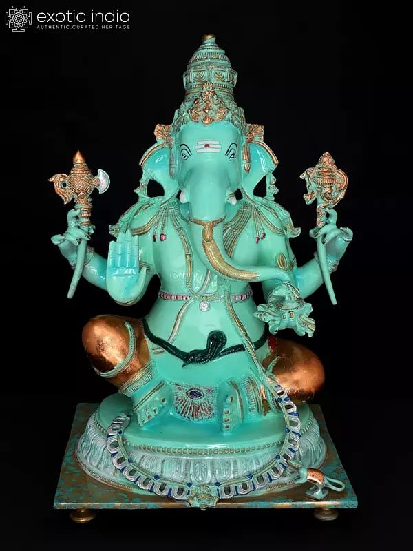 20" Turquoise Colored Four Armed Blessing Lord Ganesha | Brass Statue