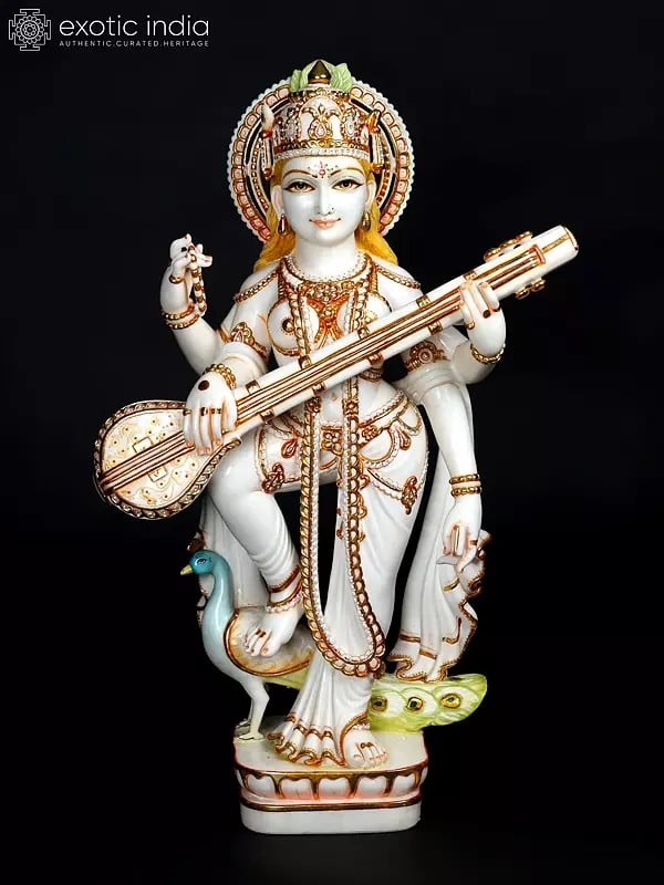 36" Large Standing Goddess Saraswati Playing Veena | White Marble Statue