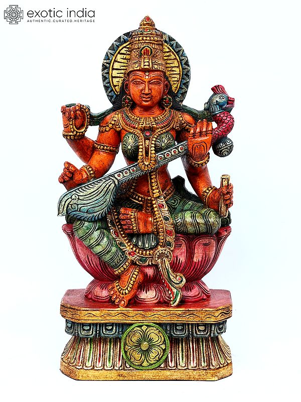 24"Goddess Saraswati Seated on Lotus | Wood Carving