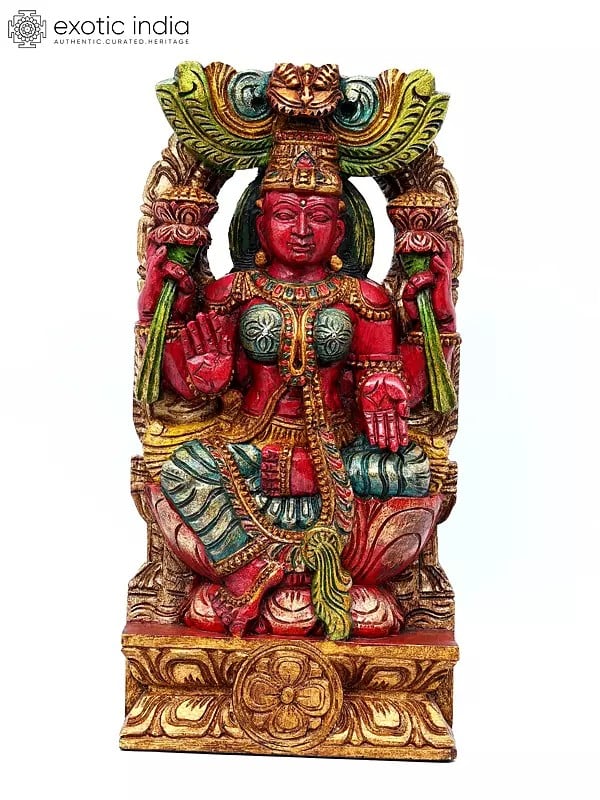 24" Blessing Goddess Lakshmi with Kirtimukha Arch | Wood Carved Statue Plus Wall Hanging